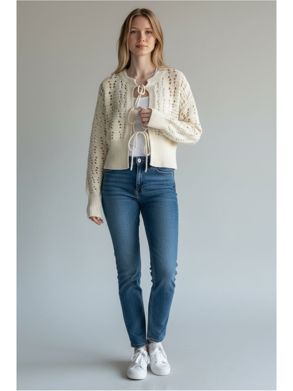 Moon‎ & Madison Cream Open Knit Tie Front Cardigan XS Boho Cottagecore